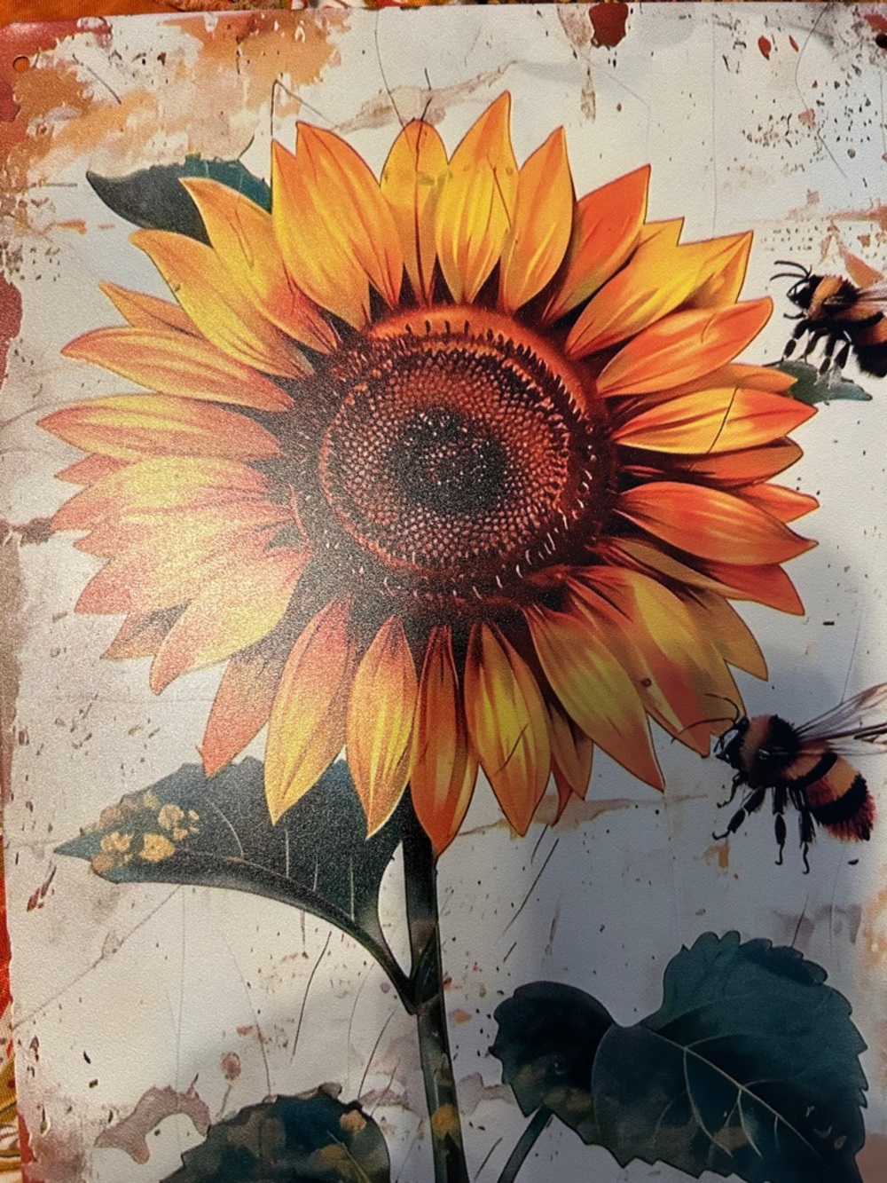 Sunflower & Bees Metal Wall Art - Vibrant Yellow Orange - Picture 3 of 5